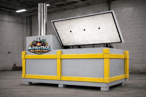 Industrial incinerator with yellow accents and open top in a warehouse.