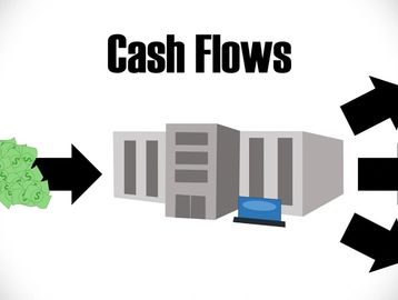 Illustration showing cash flow into and out of a building with arrows.