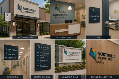 Various signage types for Northfield Pediatrics including exterior, interior, ADA, and wayfinding signs.