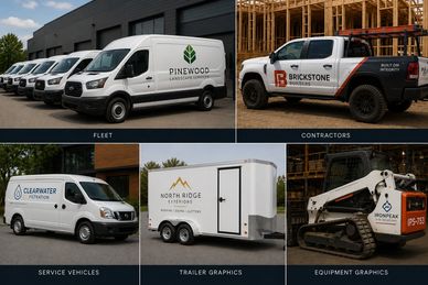 Various branded vehicles and equipment graphics for different companies.
