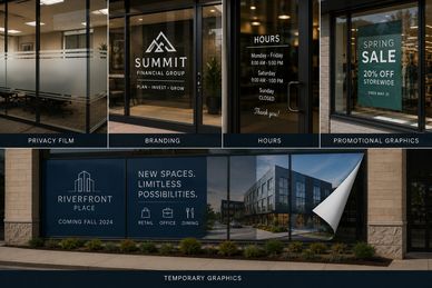 Window graphics showcasing branding, hours, promotions, and temporary advertisements on commercial buildings.