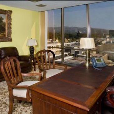 Office room with wooden furniture and large windows.