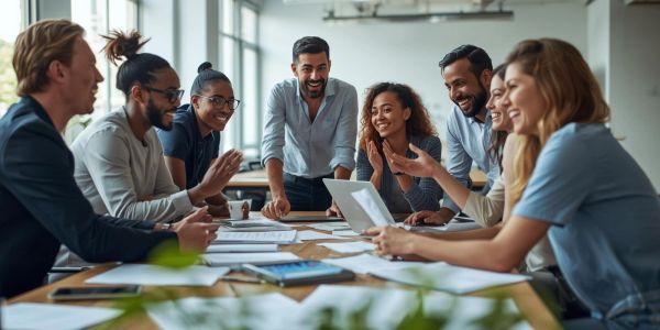 A diverse group of colleagues engaged in a lively meeting around a table.