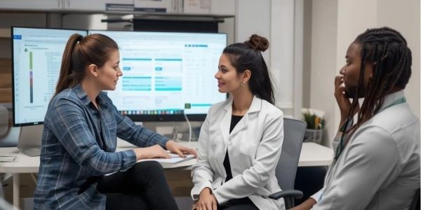 Three women engaged in a discussion in an office setting.