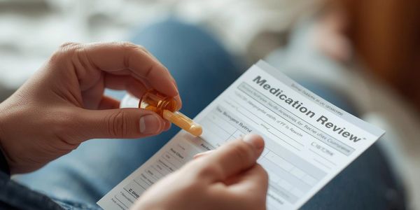 Person filling a Medication Review form while holding a pill bottle.