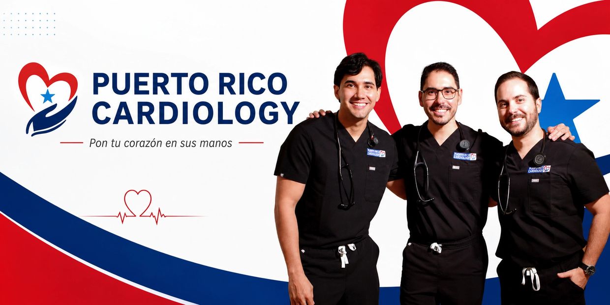 Three cardiologists in black scrubs smiling with Puerto Rico Cardiology logo.