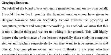 Thank you note from head teacher Benson Sande for the contribution by Eternal Treasures Ministry that made the computer lab at Bangwe school possible