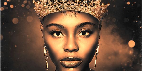 Regal portrait of a woman wearing a golden crown and earrings.