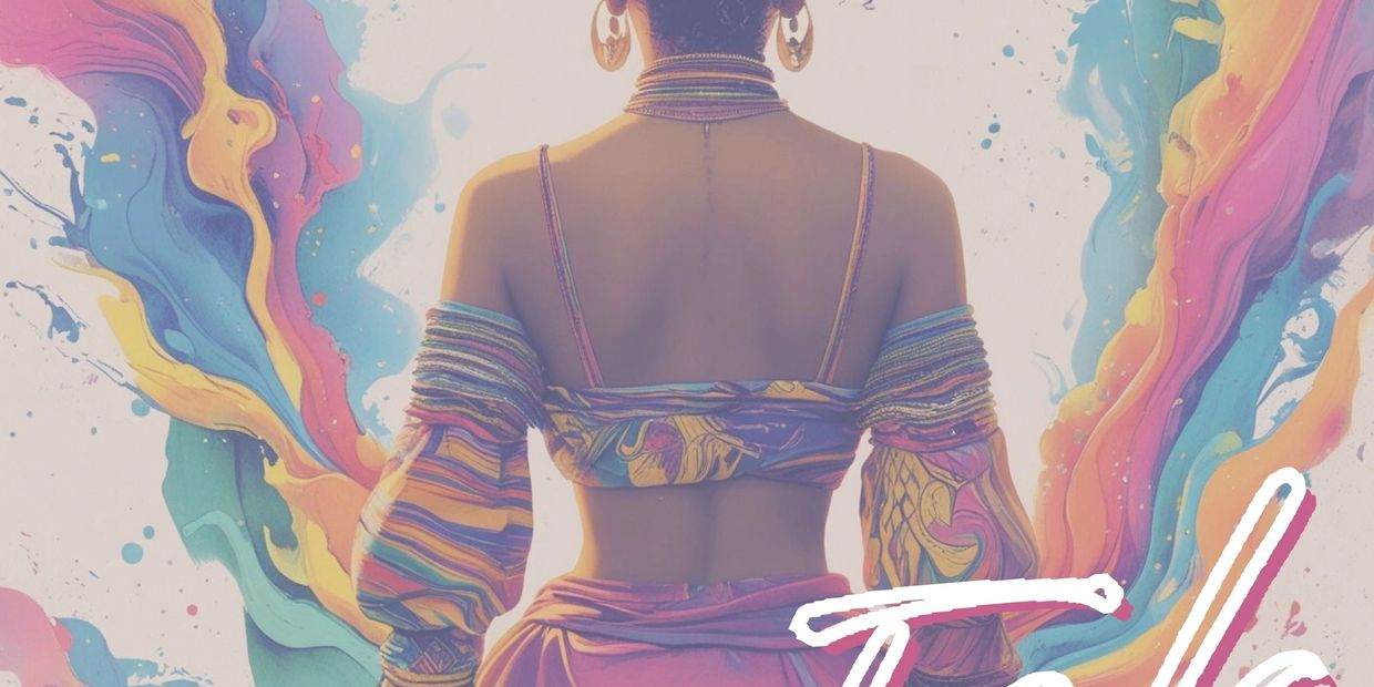 Back view of woman in colorful outfit with abstract background.
