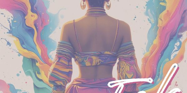 Back view of woman in colorful outfit with abstract background.