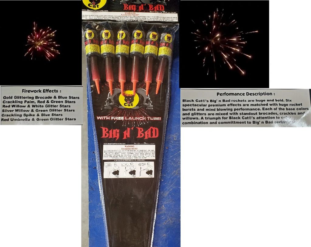 Pack of six Black Cat Big n Bad fireworks with two explosion images.