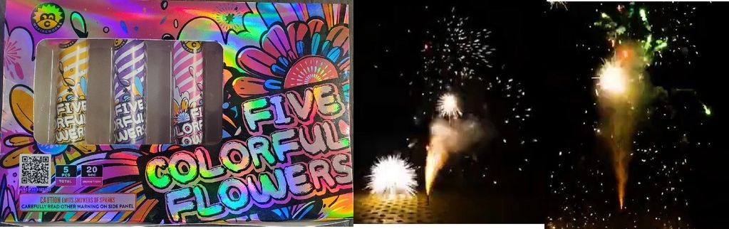 A colorful fireworks pack labeled 'Five Colorful Flowers' and fireworks lighting up the night sky.