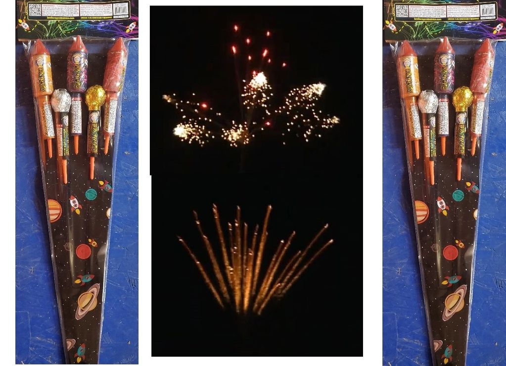 Packaged fireworks rockets and their nighttime display in the sky.