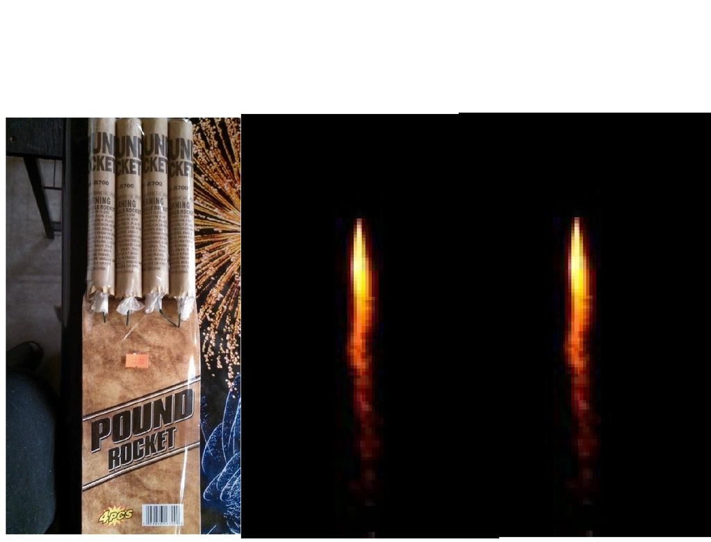 Pack of four Pound Rocket fireworks and two rockets ignited at night.