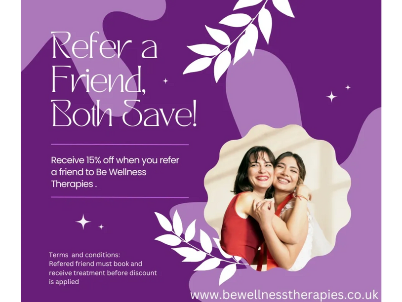 Receive 15% off your next treatment and they will receive 15% off their first treatment. T&Cs apply.