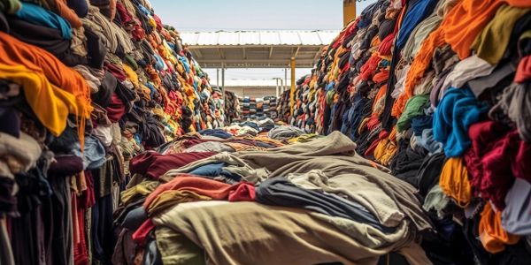 Large piles of folded clothes stacked outdoors.