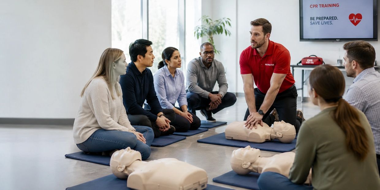 Group learning CPR with instructor using mannequins.
