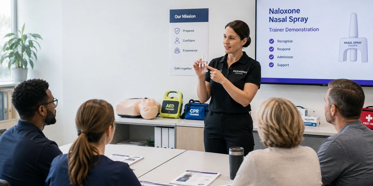 Instructor demonstrates Naloxone nasal spray to a training group.
