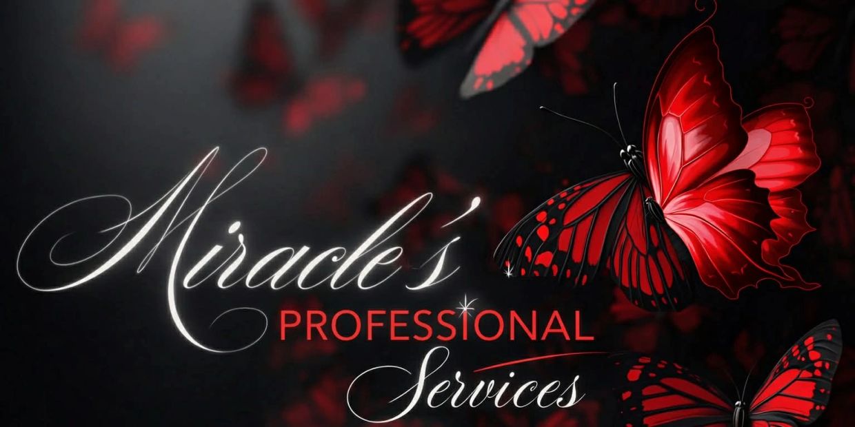 Elegant logo for Miracle's Professional Services with red butterflies.