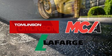 Logos of Tomlinson, MCA, and Lafarge over an asphalt road background.