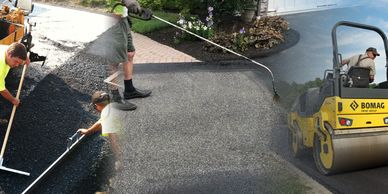Workers paving a road with asphalt and a roller machine.