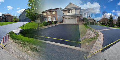 Newly paved driveways in a suburban neighborhood with caution tape around.