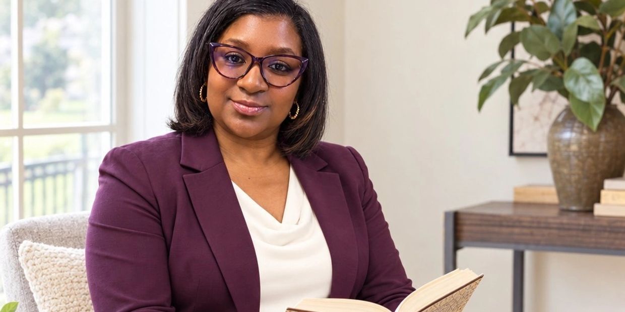 Woman wearing glasses and maroon blazer reading a book.