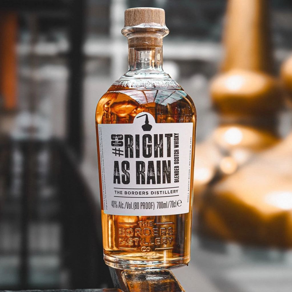 A bottle of #09 Right As Rain blended scotch whisky from The Borders Distillery.