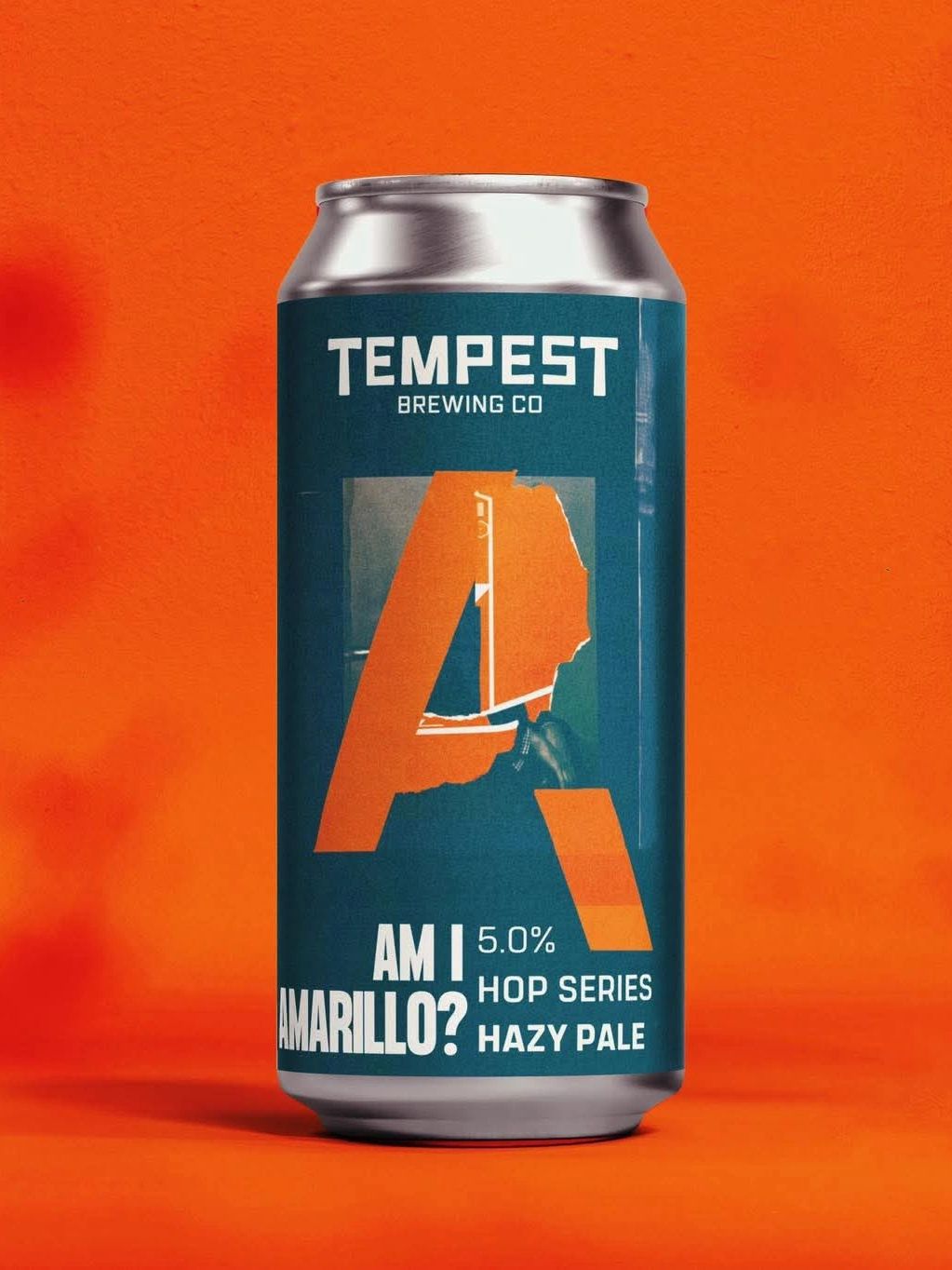 A can of Tempest Brewing Co's Am I Amarillo? hazy pale ale against an orange background.