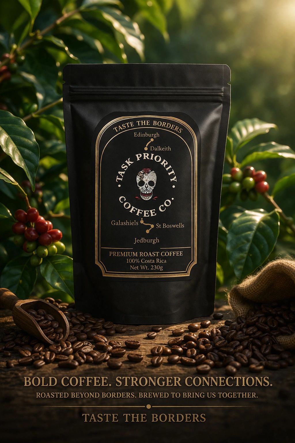 Premium roast coffee from Task Priority Coffee Co. with a bold, connecting flavor.