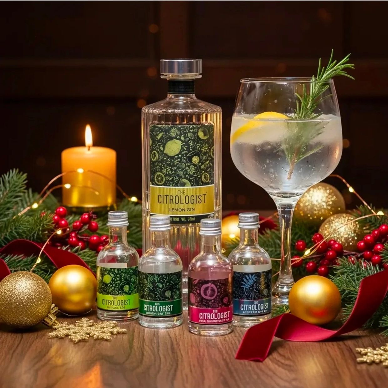 Bottle and miniatures of The Citrologist gin with festive decorations