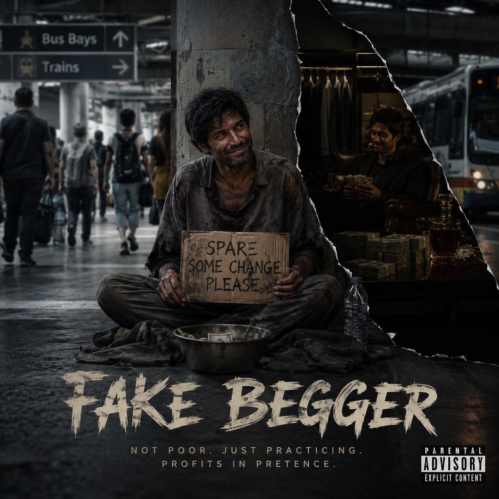 A man pretends to beg for change while living a wealthy life in secret.