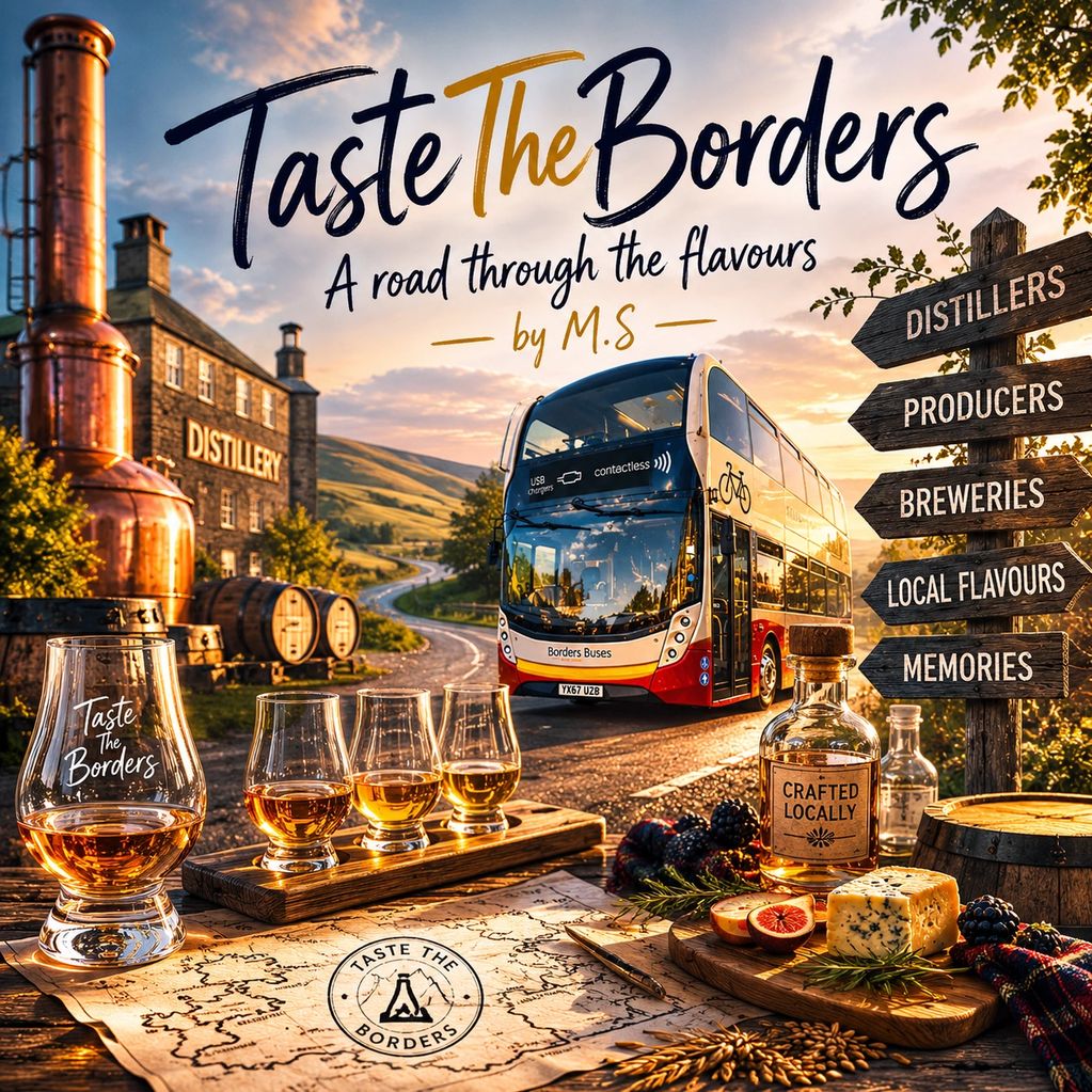 A scenic tasting journey with local drinks, food, and a Borders bus in a picturesque countryside.
