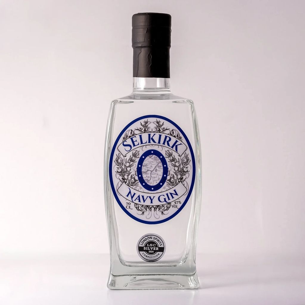 A bottle of Selkirk Navy Gin with a silver medal label.