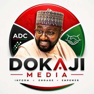 Logo of Dokaji Media featuring a smiling man, ADC symbol, and handshake icon.