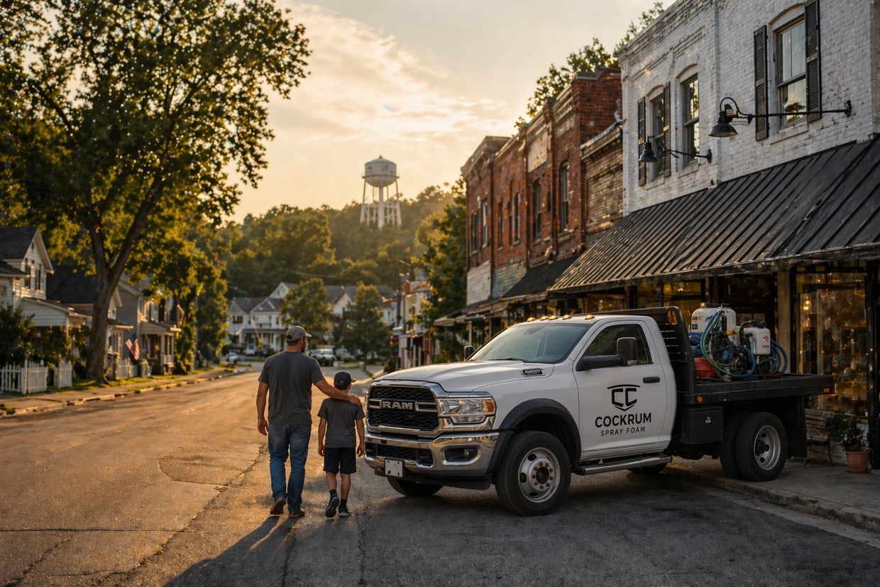 A man and child walk down a quiet town street at sunset beside a work truck.