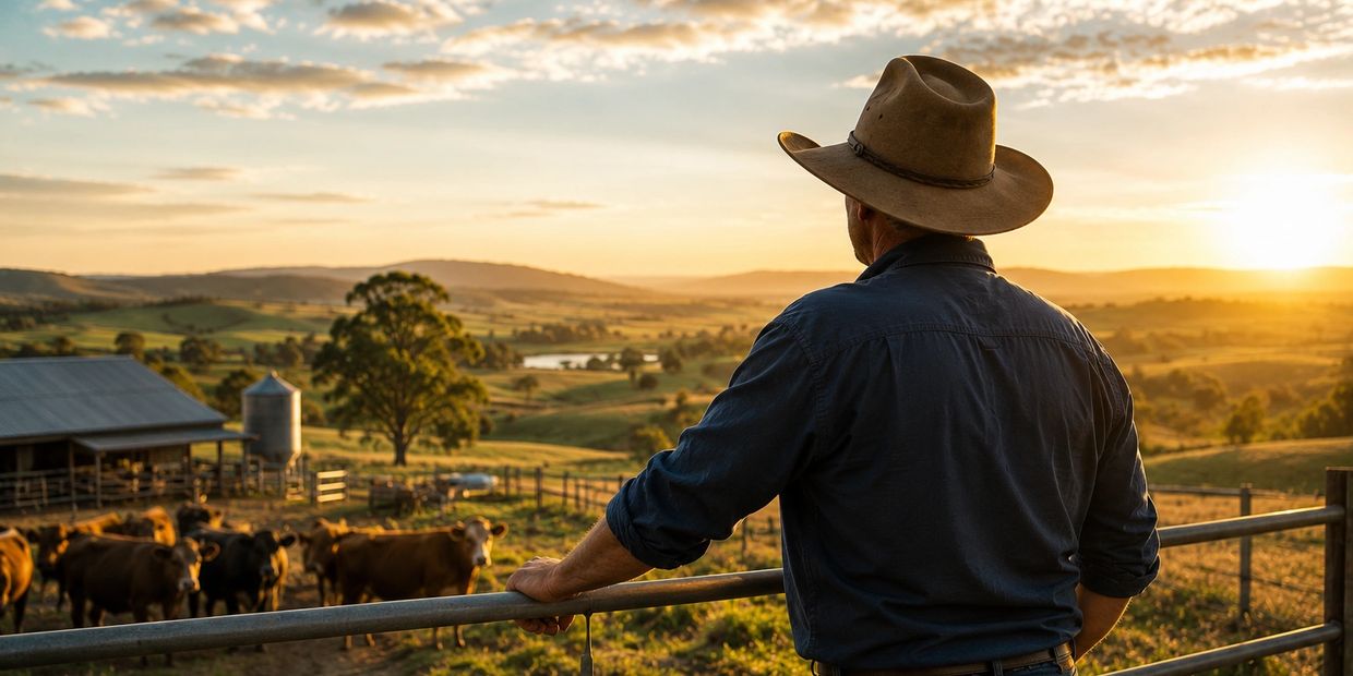Farmer overlooking cattle at sunset on a rural farm.