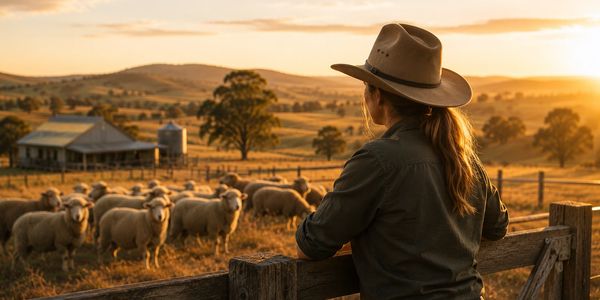 A farmer watches sheep on a rural farm during sunset.