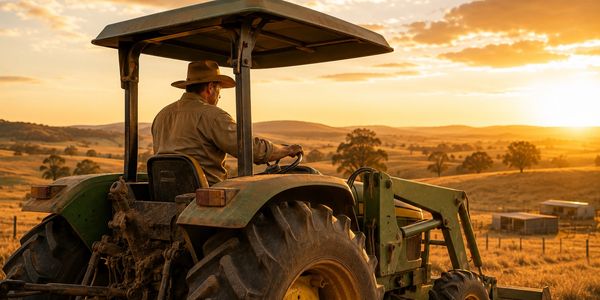 A farmer driving a tractor at sunset in a rural landscape.