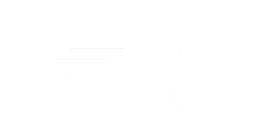 White delivery truck icon with motion lines on black background.