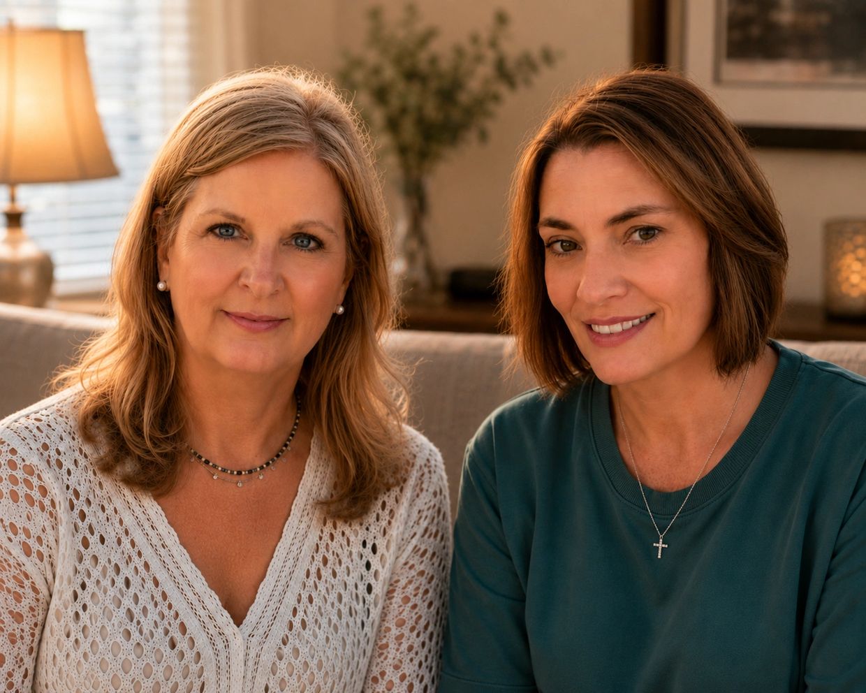 Two women smiling indoors, sitting closely.