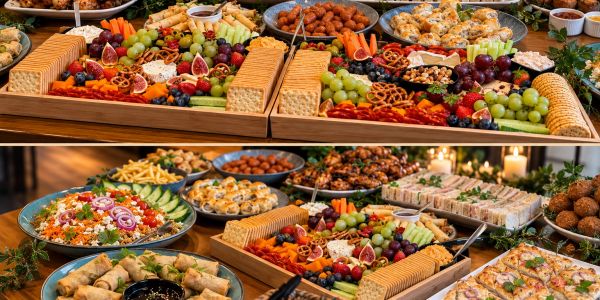 A colorful spread of appetizers and snacks on wooden tables.