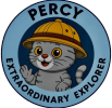 Cartoon raccoon named Percy wearing a yellow explorer helmet.