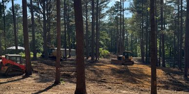 Clearing land in a forested area with construction equipment.