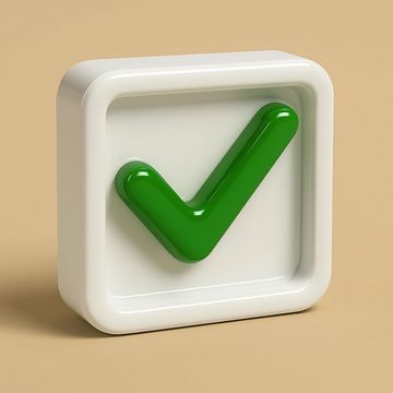3D green check mark inside a white rounded square on beige background.