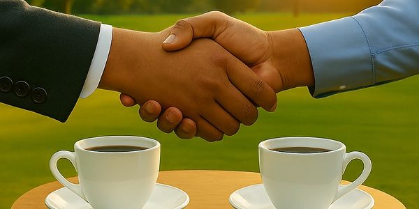 Two people shaking hands over coffee cups outdoors at sunset.