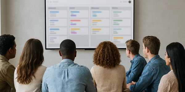 A group of six people attentively watching a presentation on a screen.