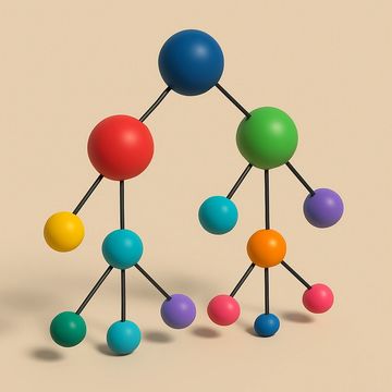 Colorful molecular structure model with connected spheres on a beige background.