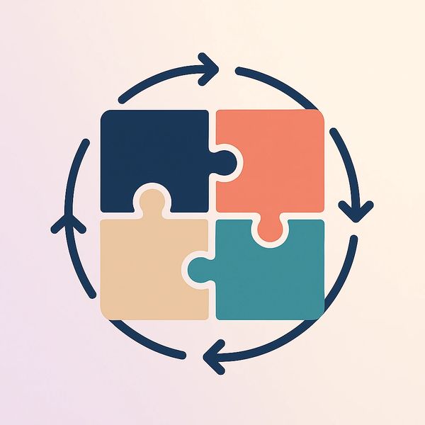Four interlocking puzzle pieces connected in a circular flow with arrows.