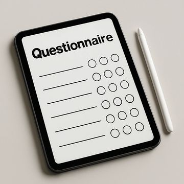 Tablet displaying a questionnaire with multiple-choice options and a stylus pen.